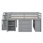 Full Size Loft Bed with Retractable Writing Desk and 3 Drawers, Wooden Loft Bed with Storage Stairs and Shelves