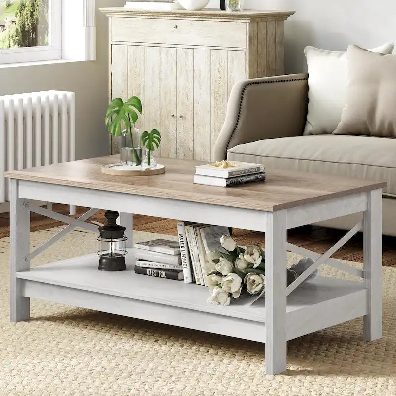 Farmhouse Coffee Table with Storage 2-Tier Center Table for Living Room