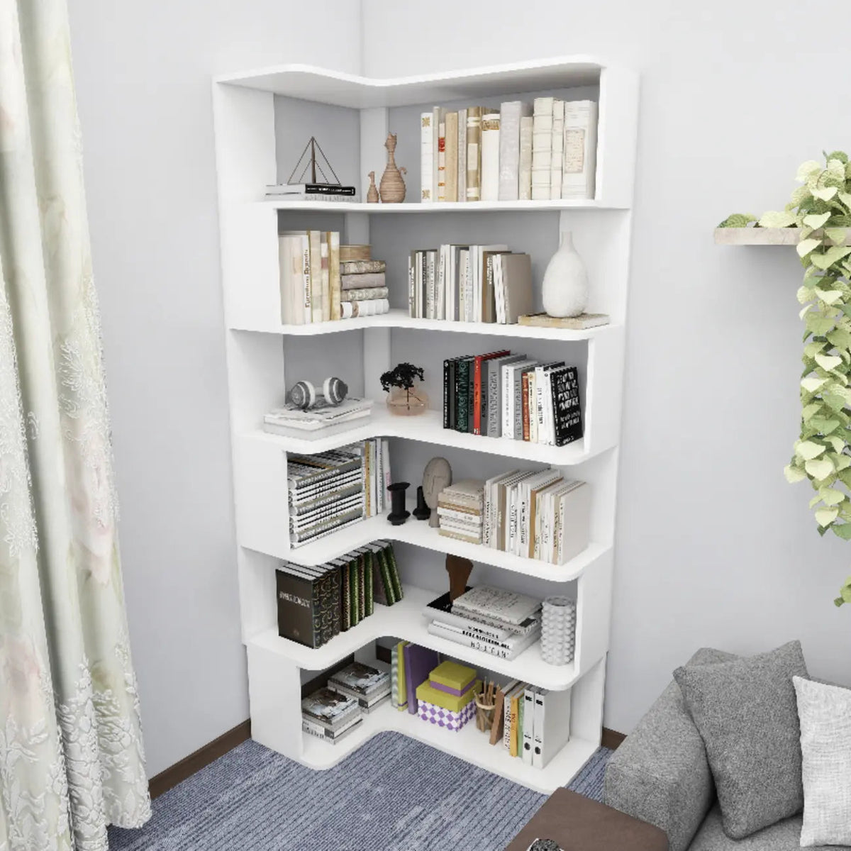 Manufactured Wood Corner Bookshelf with 6 Shelves