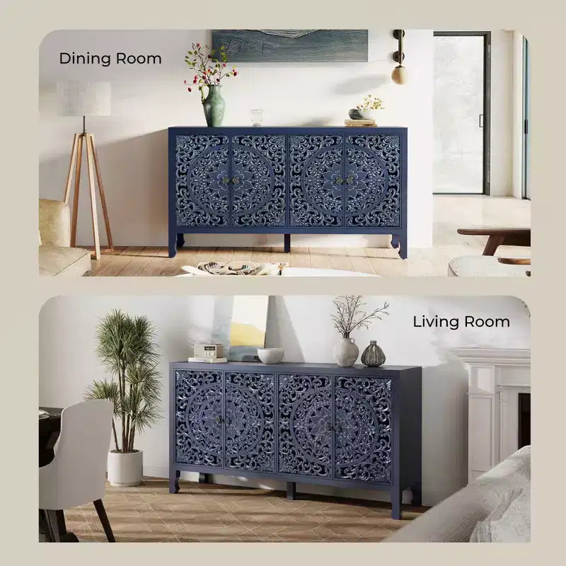 Buffet Cabinet with Storage, Distressed Storage Cabinet with 4 Carved Doors and Adjustable Shelf, Wooden Accent Sideboard Buffet Cabinets