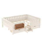 Bellemave Queen Size Toddler Bed with 14 Safety Guardrails, Space-saving Bed Frame with Built-in Bookshelves & 2 Under-Bed Storage Drawers
