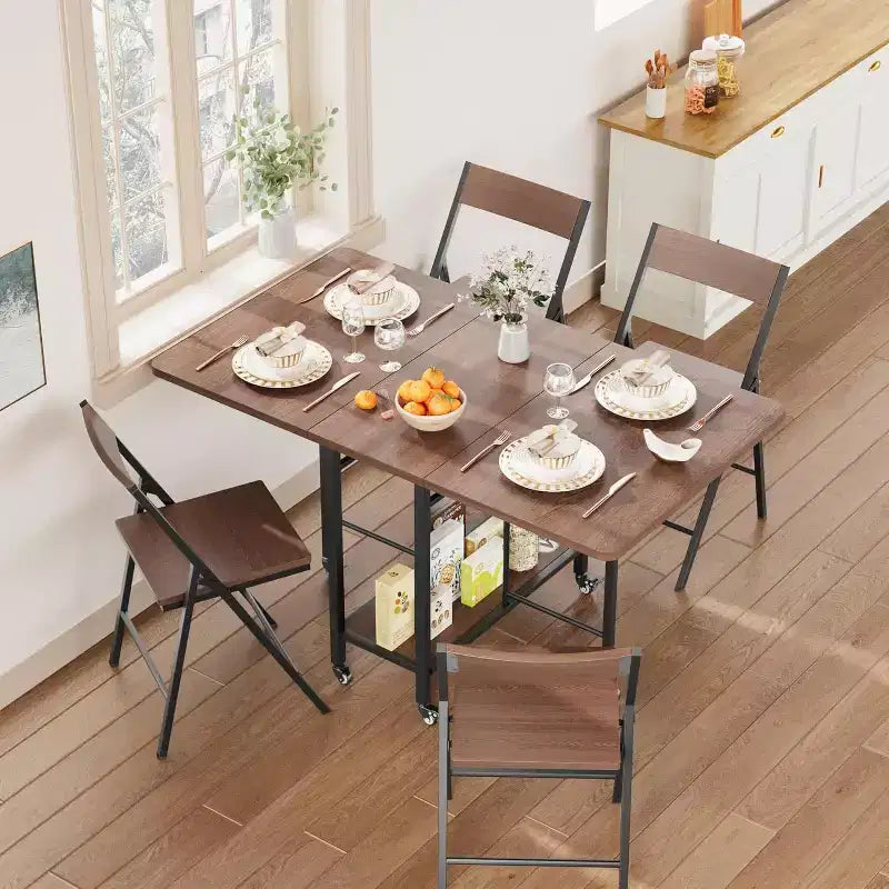 47 5-Piece Farmhouse Folding Dining Set for 4  Wooden Drop Leaf Table on Wheels & 4 Foldable Chairs  Sturdy Steel Frame, Space-Saving for Apartmen