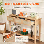 VEVOR Rattan Console Table with 3 Storage Drawers, Rattan Entryway Table with Natural Rattan Sliding Door, Console Sofa Table, Natural