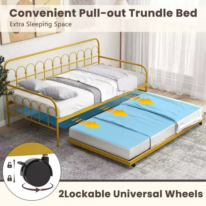 Costway Twin Size Metal Daybed with Trundle Space-Saving Sofa Bed Lockable Wheels Gold