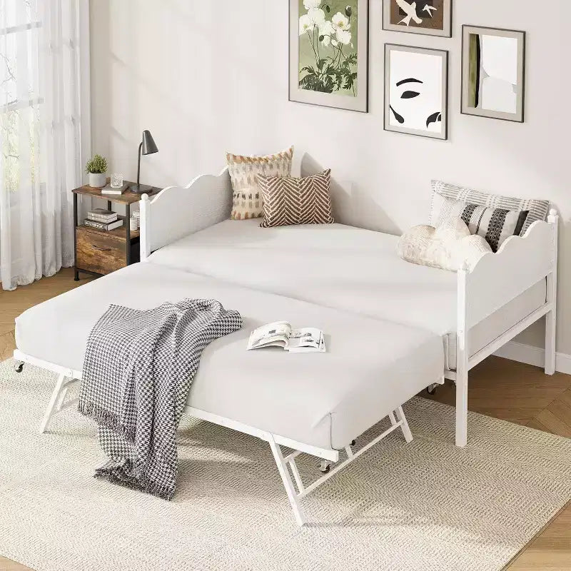 Twin Size Daybed with Trundle, Metal Frame with Wavy Wood Grain Headboard, Lockable Casters, Space-Saving Sofa Bed, No Box Spring Needed