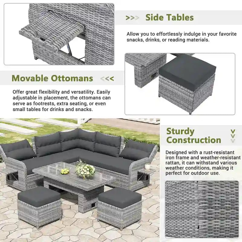 Outdoor Rattan Sectional Sofa Set with Adjustable Table & Recliners