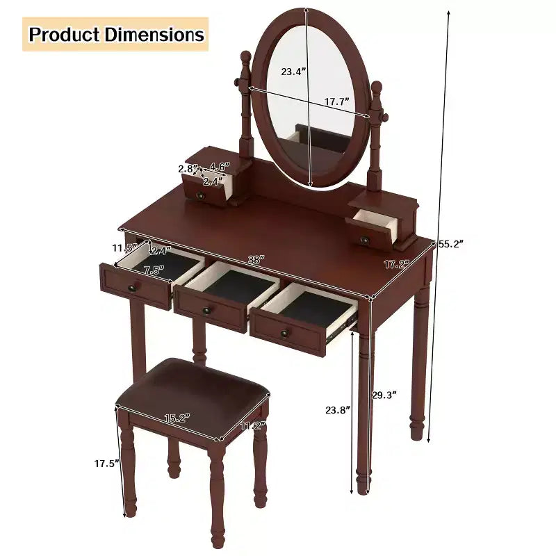 Okak Vintage Wooden Makeup Vanity with Adjustable Angle Mirror, Vanity Table with 5 Drawers and Cushioned Stool, Vanity Desk for Bedroom
