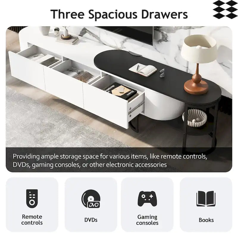 Modern Black White Retractable TV Stand with 3 Drawers and Metal Adjustable Legs for Living Room Bedroom