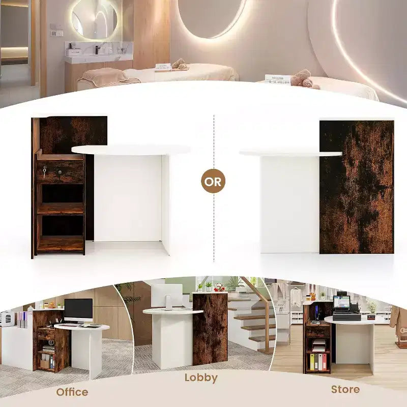 Costway Front Reception Counter Desk Checkout Office Desk with Open Shelf & Lockable Drawer White/Brown/Black