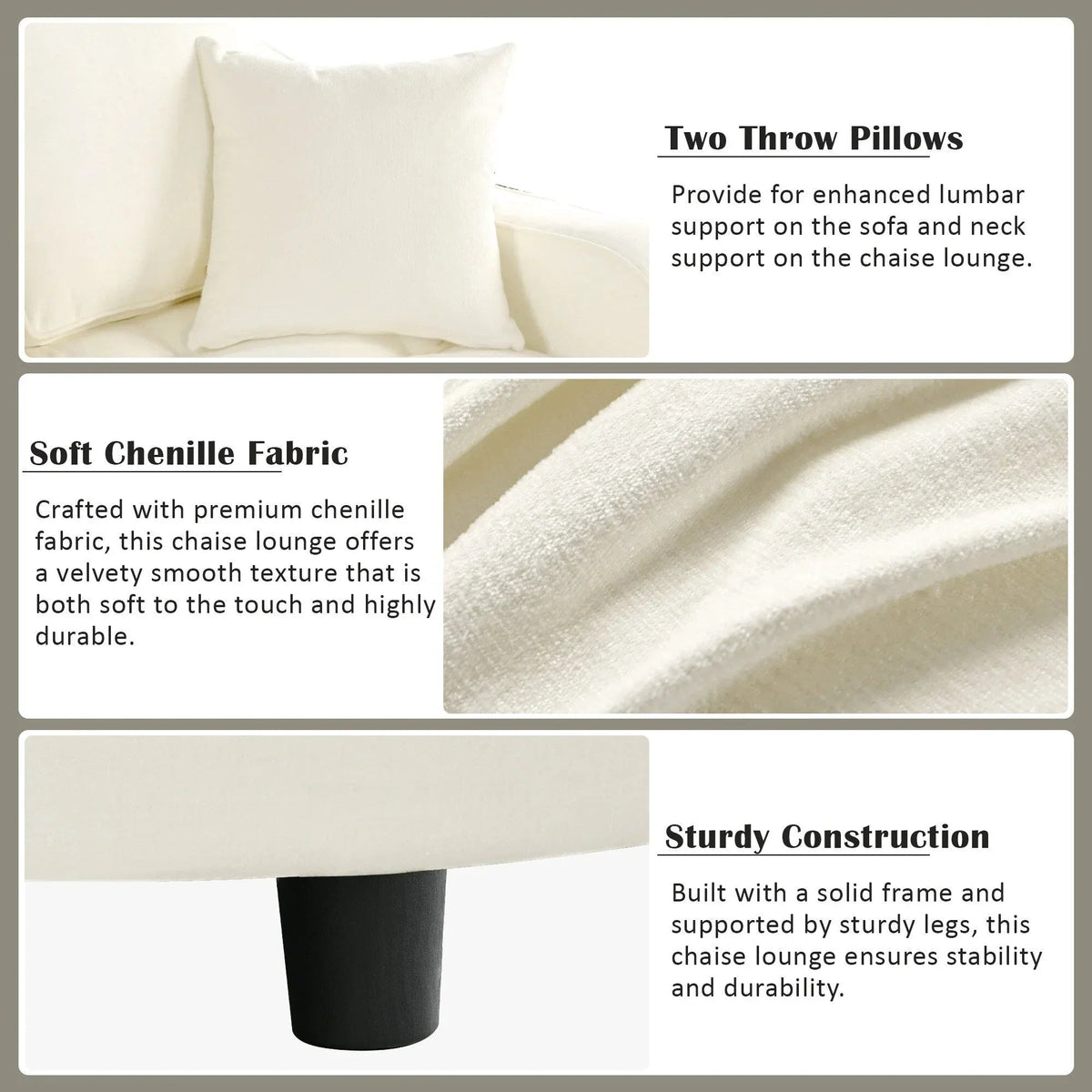 Chenille Chaise Lounge Sofa Bed, Upholstered Sofa Couch with Tufted Backrest and 2 Detachable Pillows for Living Room