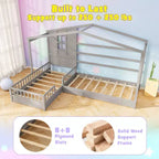L-Shaped Double Twin Beds House Platform Beds with Window & Fences ¡ª Gray/White