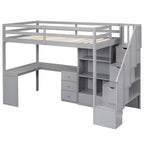 Twin Size Loft Bed with L-Shaped Desk, 3 Drawers, Cabinet, Staircase Storage, Solid Pine/MDF Build