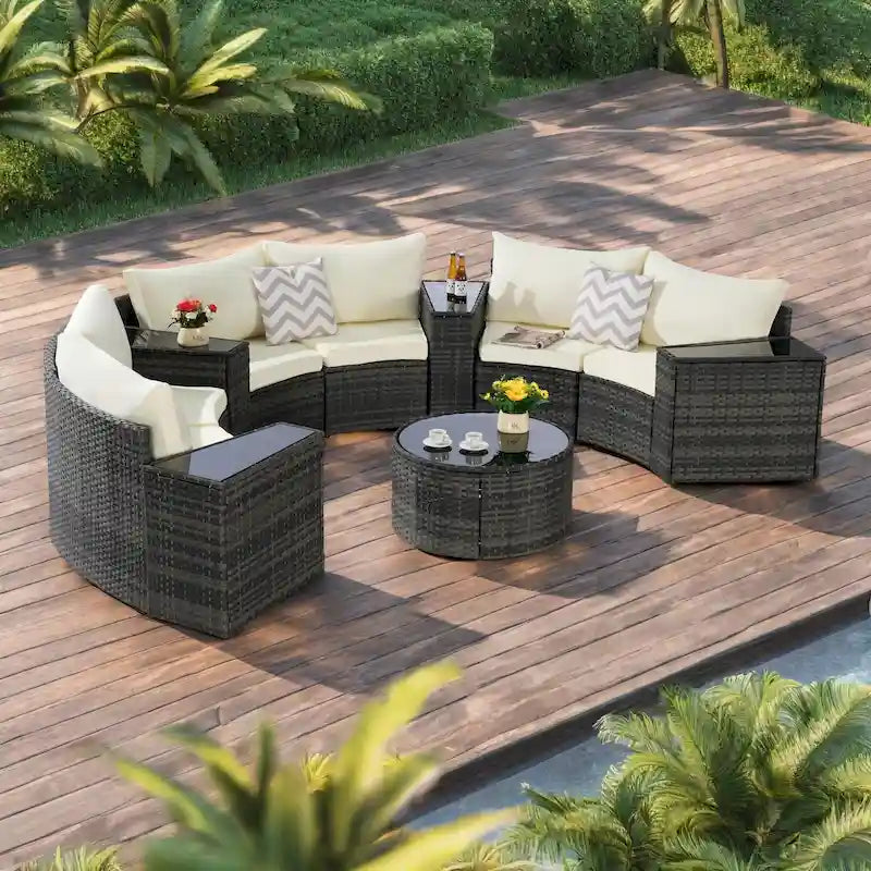 11-Piece Outdoor Half-Round Modular Sectional Sofa Set with Tempered Glass Coffee Table and 4 Side Table