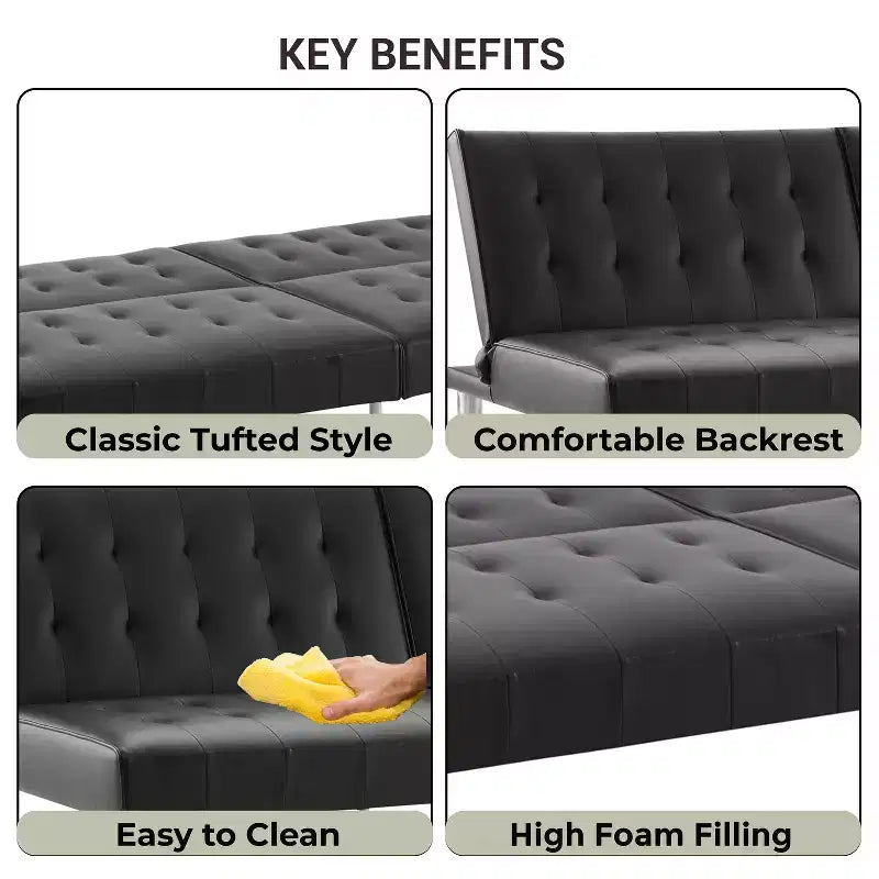 Tufted Split Back Futon Sofa Bed, Convertible Sofa bed with Chrome Legs