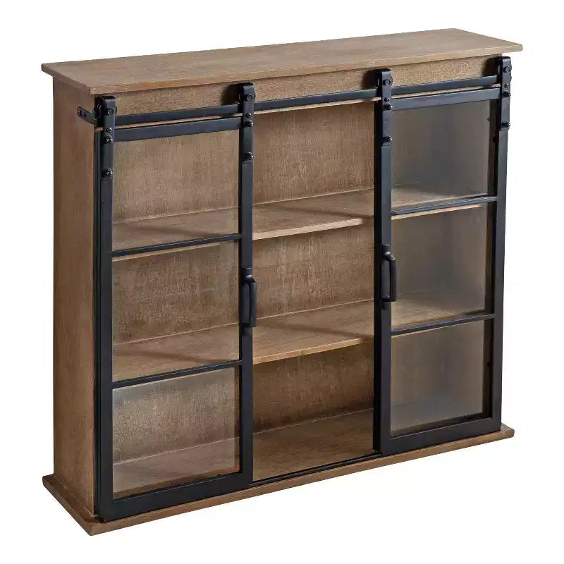 30 x 28 Barnhardt Decorative Wooden Wall Cabinet with 2 Sliding Glass Doors Rustic Brown - Kate & Laurel All Things Decor: Metal Framed