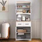 23 Wooden Kitchen Cabinet, Pantry Microwave Cabinet with Glass Doors and Drawers, Adjustable Shelves, White