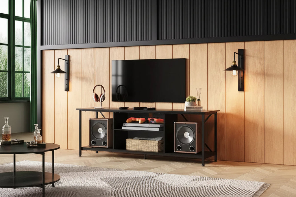 Rustic Industrial TV Stand for 55-65 TVs with Storage & Cable Management