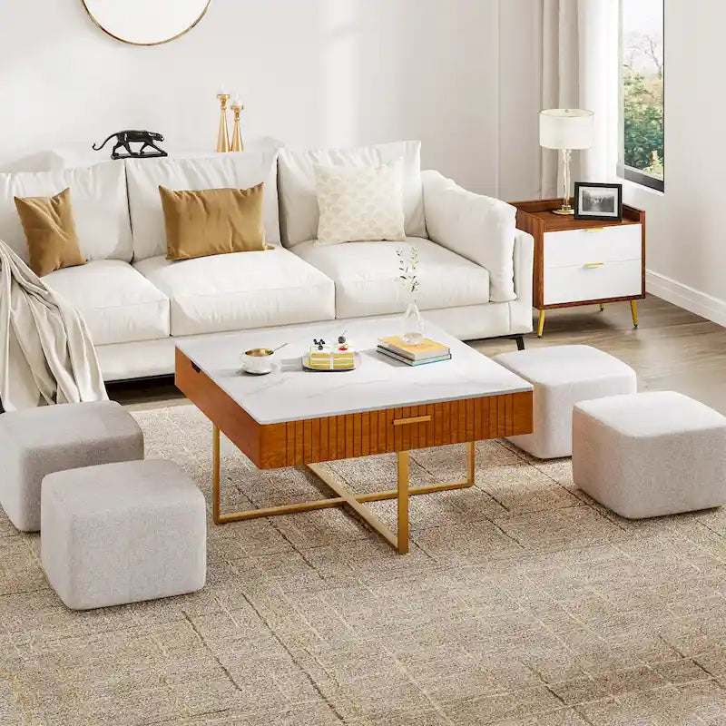 Lift Top Coffee Table with Hidden Storage and 4 Ottomans