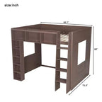 Whisen Queen Size Wooden Loft Bed Frame with Storage Cabinets and Shelves