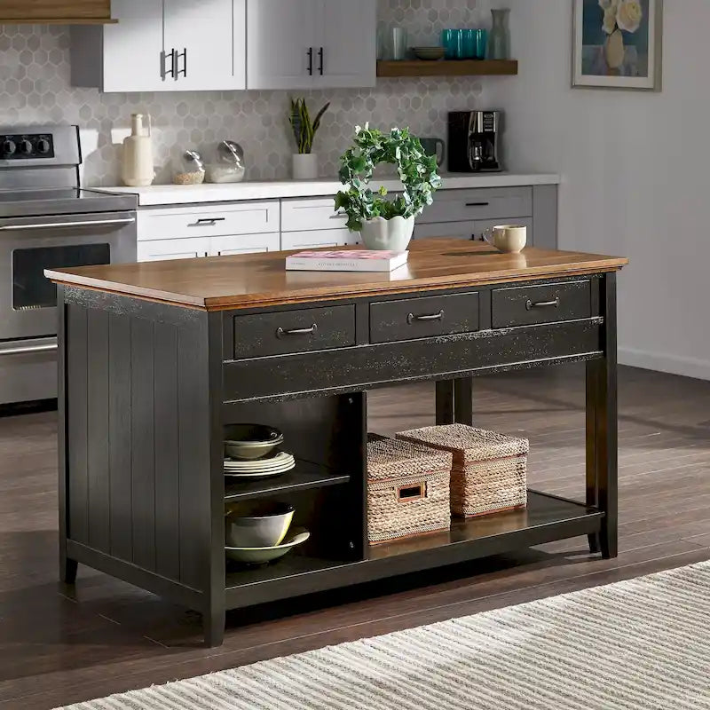 Eleanor Two-Tone Antique Finish Extendable Kitchen Island with 3 Drawers by iNSPIRE Q Classic