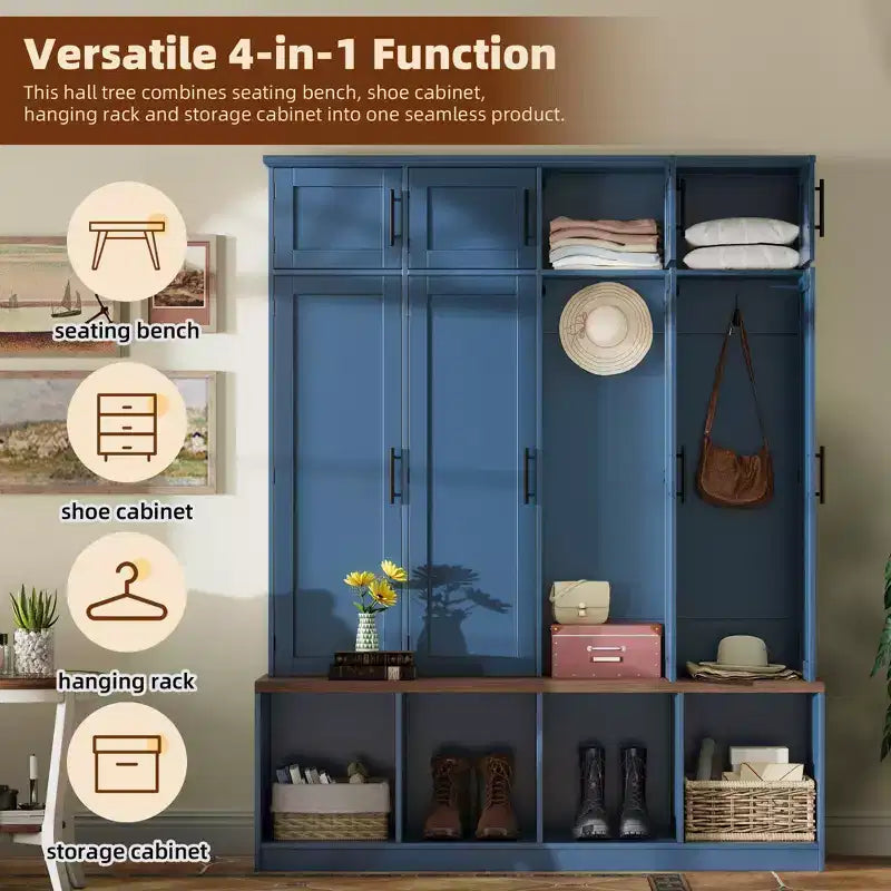 GDFStudio Jessica Farmhouse 4-in-1 Hall Tree with Hidden Hooks and Storage Bench
