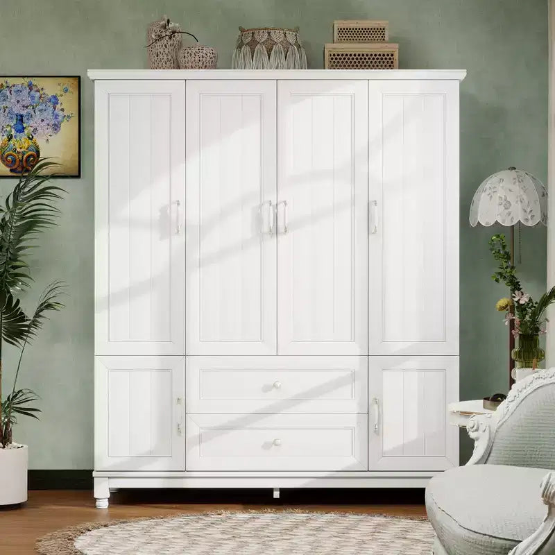 White Wood 61.42 in. Armoire with 2 Drawers, Hanging Rod and Shelves