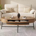 Oval Coffee Table with Drawer Mid-Century Modern Center Table 47.2 Wooden Coffee Table with Storage and Cross Metal Legs Curved Design