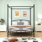 Queen Size Canopy Metal Bed Frame with Vintage Headboard and 12.4 Under-Bed Storage