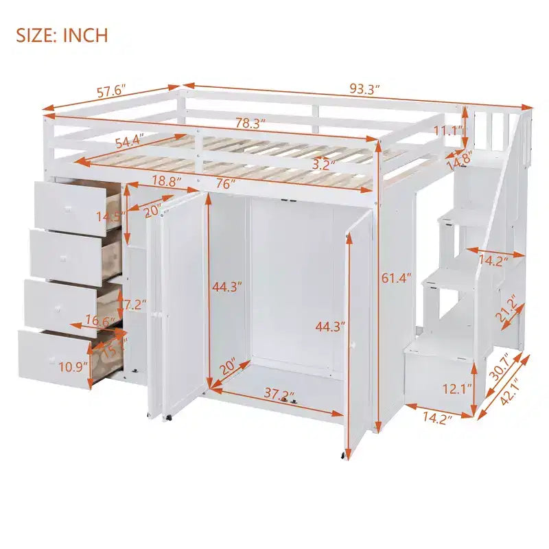 Teddy Fleece Full Size Loft Bed with Storage Shelf and Drawers, Wooden High Loft Bed with Versatile Desk for Bedroom