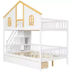 Whisen Twin Size Bunk Bed with Window Door and Roof, Storage Drawers and Staircase