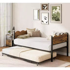 Twin Size Daybed with Trundle, Metal Frame with Wavy Wood Grain Headboard, Lockable Casters, Space-Saving Sofa Bed, No Box Spring Needed