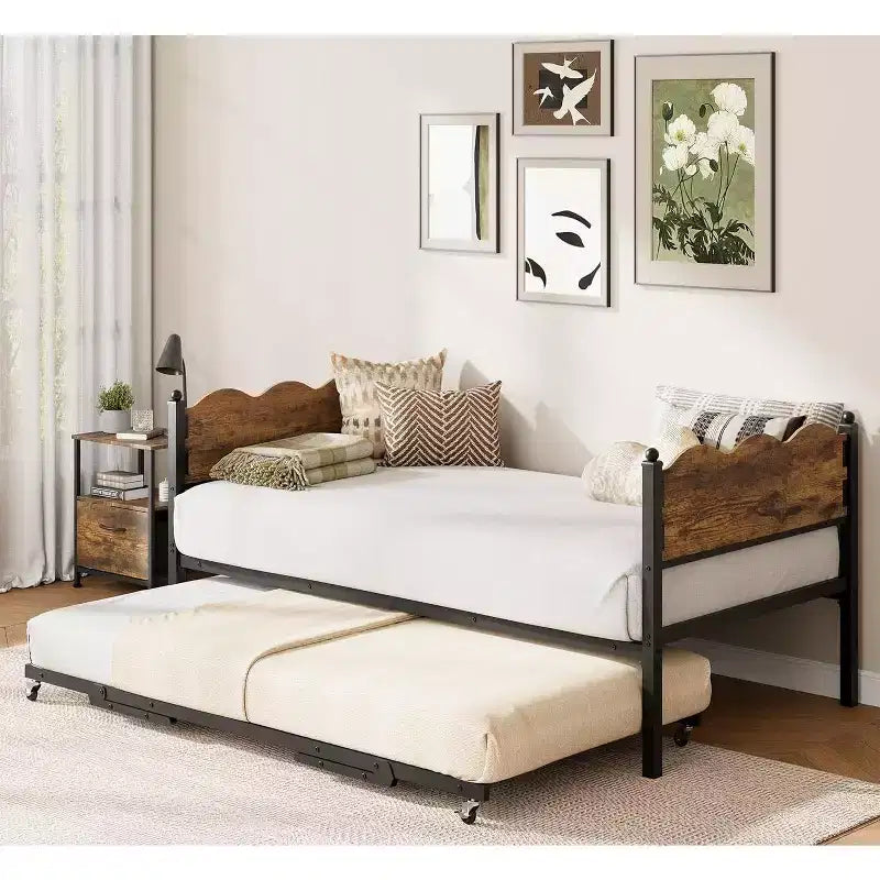 Twin Size Daybed with Trundle, Metal Frame with Wavy Wood Grain Headboard, Lockable Casters, Space-Saving Sofa Bed, No Box Spring Needed