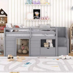 94.6L x 42.3W Solid Wood Twin Size Low Loft Bed With Stair, Drawer And Shelf, Modern & Clean Design