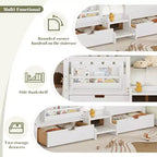 Bellemave Queen Size Toddler Bed with 14 Safety Guardrails, Space-saving Bed Frame with Built-in Bookshelves & 2 Under-Bed Storage Drawers