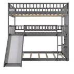 Full Over Full Triple Bunk Bed with Convertible Ladder and Slide, Triple Bed with Guardrails, White/Gray/Espresso - ModernLuxe