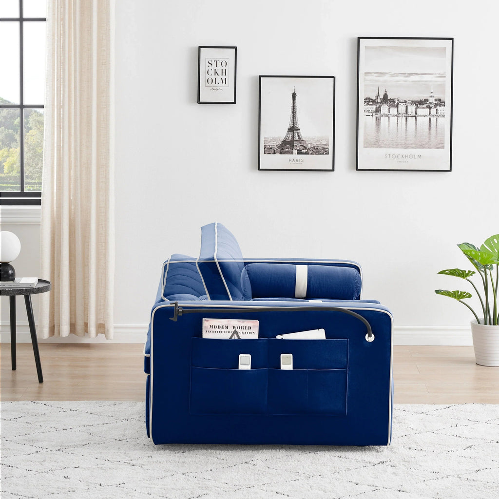 Velvet Convertible 55 2-Seater Sleeper Sofa with Pull-Out Bed, Adjustable Recline, Side Pockets, and Phone Holder