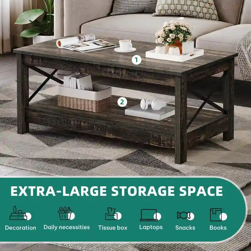 Farmhouse Coffee Table with Storage 2-Tier Center Table for Living Room