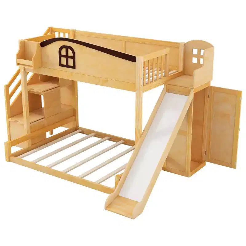 Twin over Full Bunk Bed with Slide, Shelves, Storage Staircase and Wardrobe for Kids Room