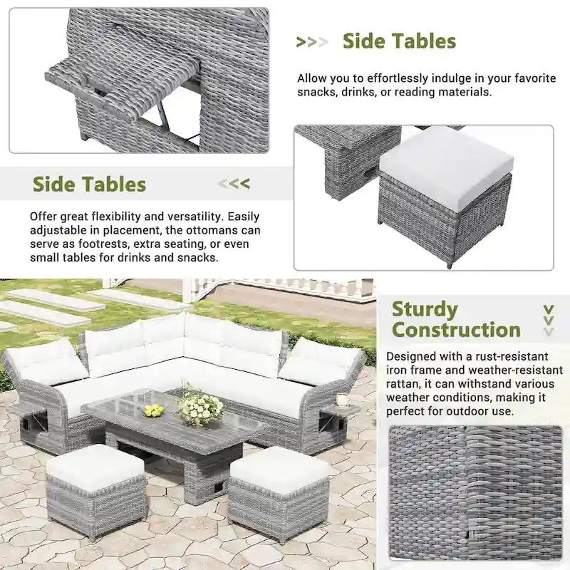 Outdoor Rattan Sectional Sofa Set with Adjustable Table & Recliners