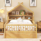 ModernLuxe Twin/Full Size Wooden House Bed with Storage Headboard, Solid Pine Kids Bed Frame with Guardrails