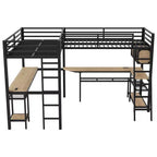 Twin Metal L-Shaped Loft Bed with Storage Shelves, 2 Built-in Desks - Black