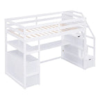 Twin Size Loft Bed with Desk and Shelves, Two Built-in Drawers, Storage Staircase