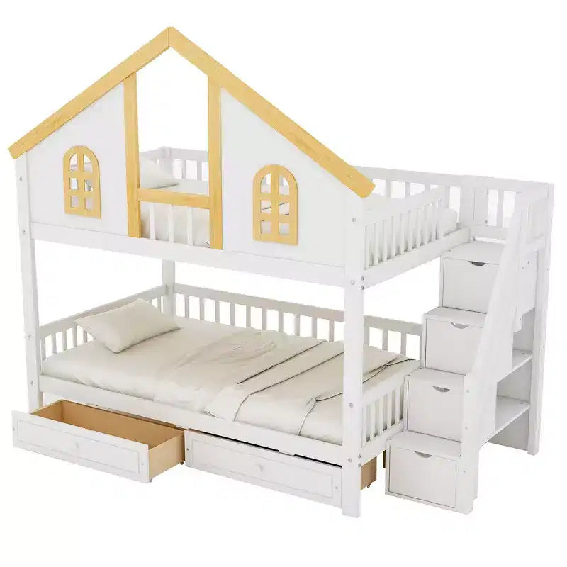 Whisen Twin Size Bunk Bed with Window Door and Roof, Storage Drawers and Staircase