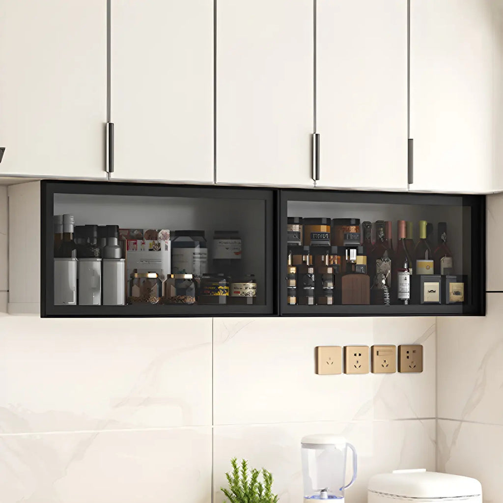 Grey Metal Floating Mounted Glass Kitchen China Cabinet