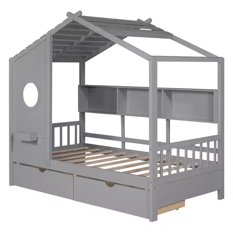 Whisen Twin Size House Bed & Kids Bed, Playhouse Bed with 2 Drawers, Storage Shelf
