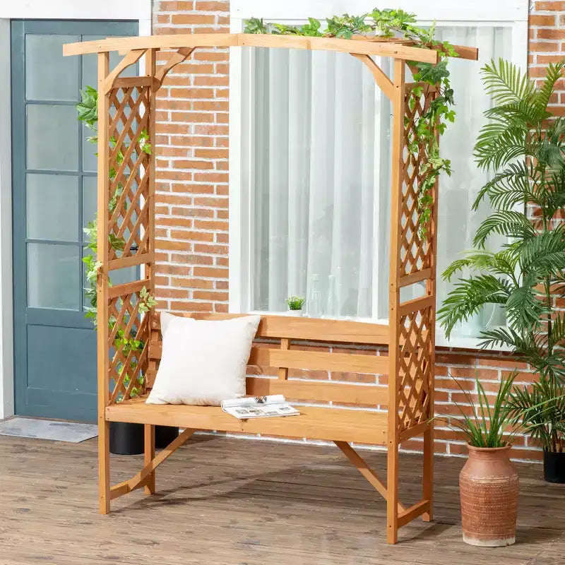 Outsunny Patio Garden Bench Arbor Arch with Pergola and 2 Trellises, 3 Seat Natural Wooden Outdoor Bench for Grape Vines & Climbing Plants