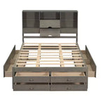 Queen/King Size Platform Bed Pine Wood Bed Frame with Storage Headboard and 8 Drawers