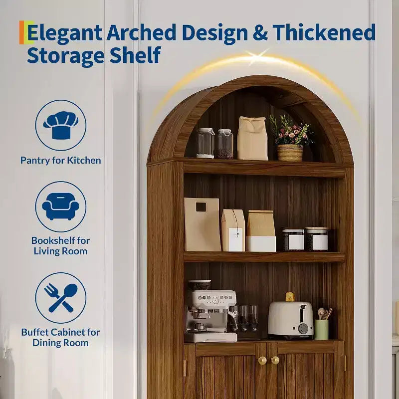 72 Tall Arched Cabinet, 5 Tier Arched Bookshelf with Double Doors & Adjustable Shelf, Wooden Bookcase with Storage for Home Office