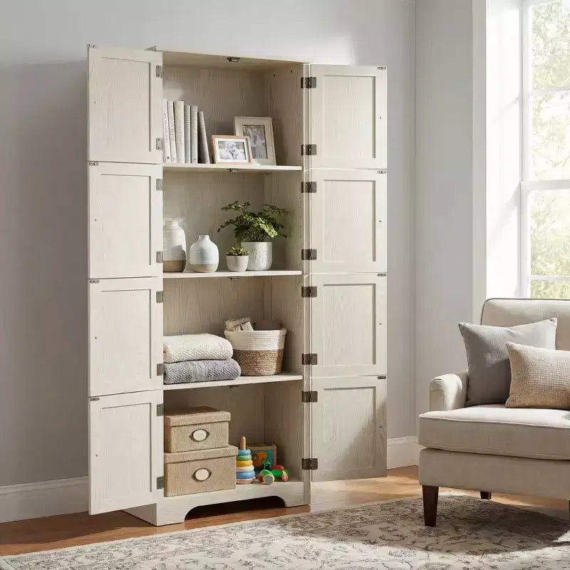 72.4 White Freestanding Tall Storage Cabinet ?C 8 Doors & 4 Shelves