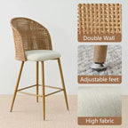 Set of 2 Natural Rattan Bar Stools, 29 Bar Height Boho Upholstered High Chairs with Woven Back - Panipeachy